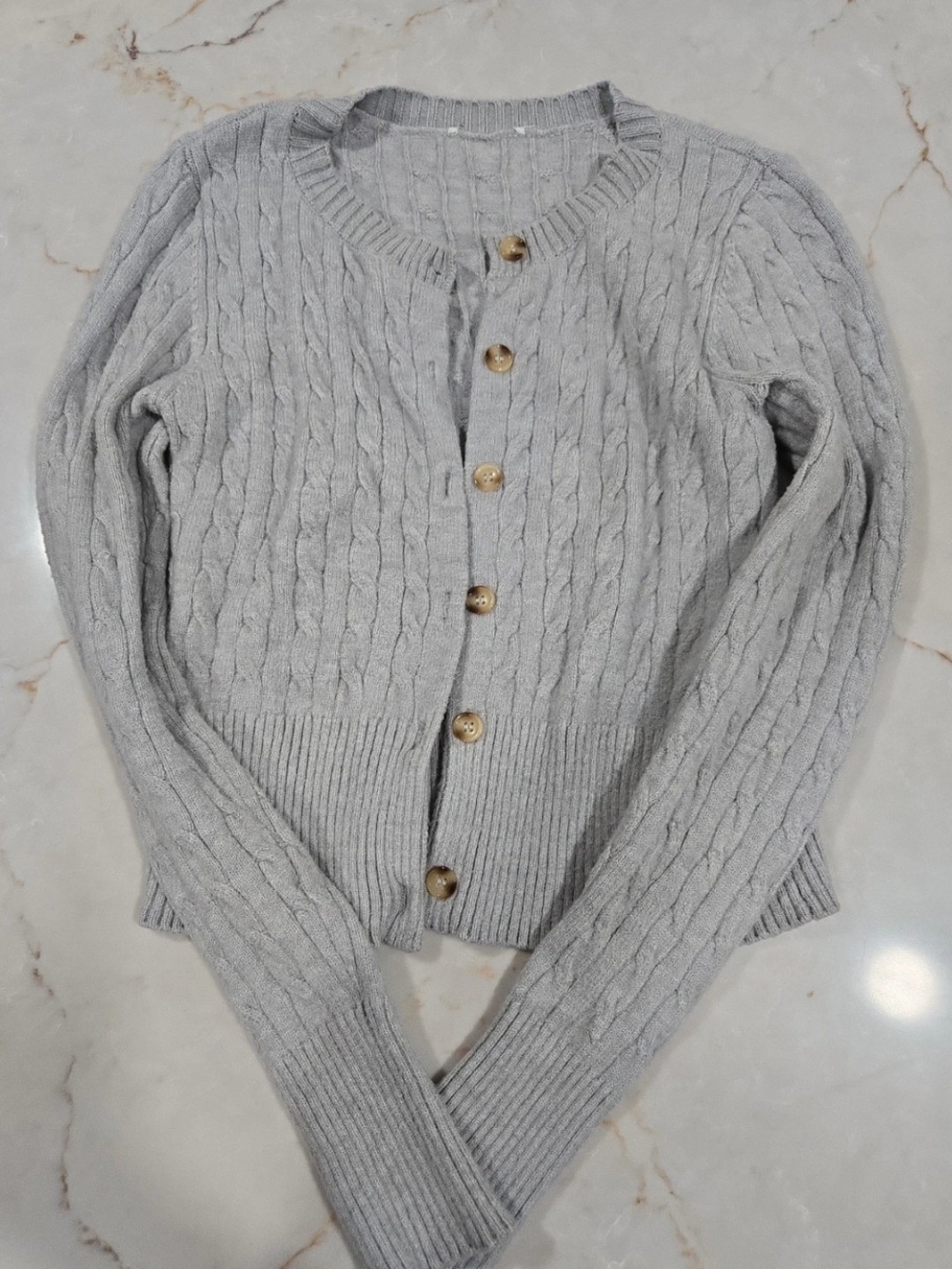 Light Gray Cable Knit Button-Up Women's Sweater